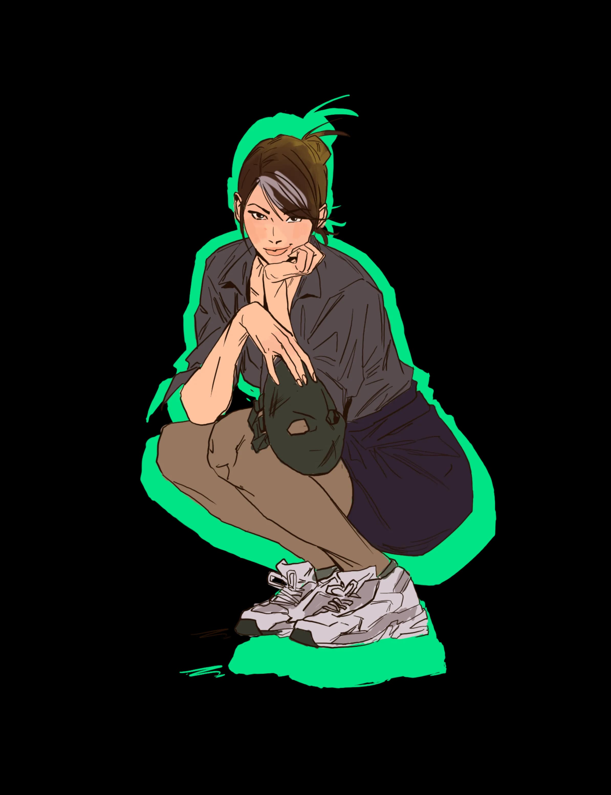 Khin crouching in a dark shirt with hair tied up, resting a hand on a dark mask