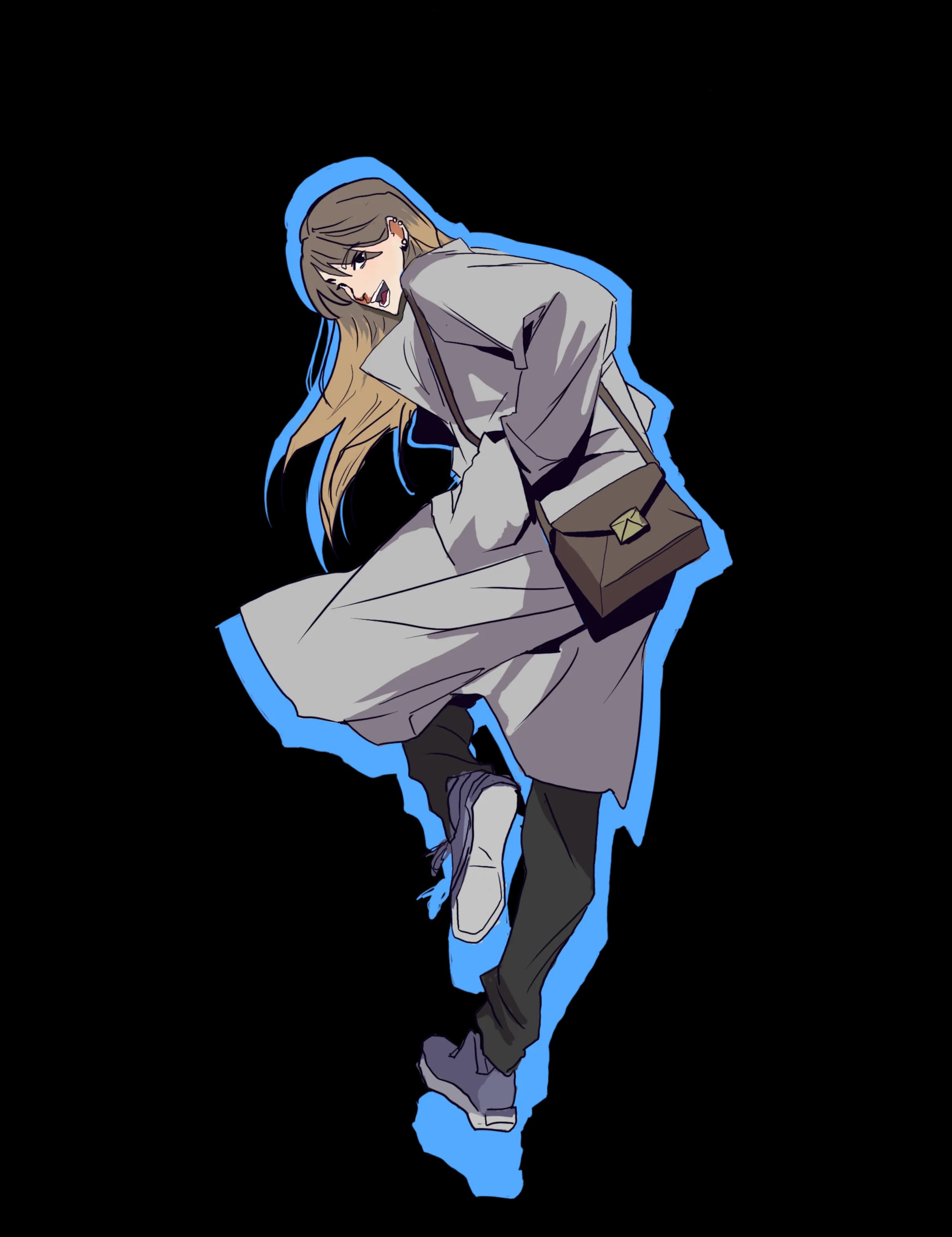 Khin mid-stride in a long grey coat with a brown shoulder bag