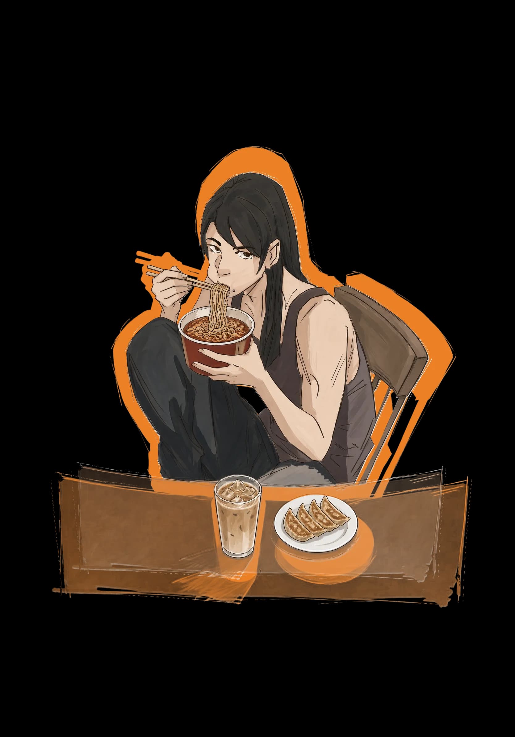 Khin eating a bowl of instant ramen with chopsticks at a table set with gyoza and an iced coffee