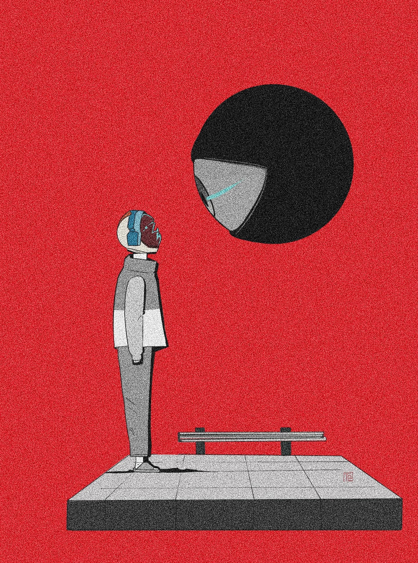 Figure in a helmet on a red ground