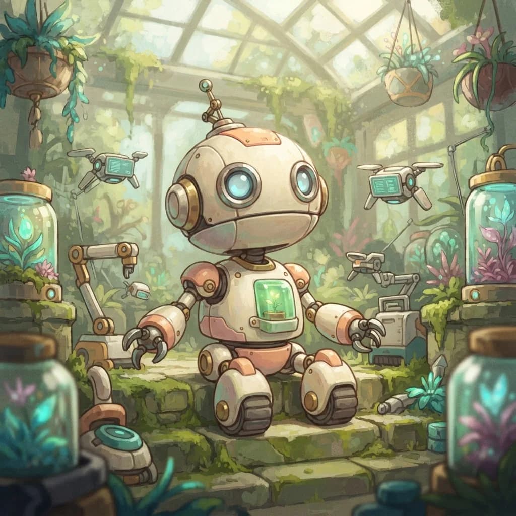 A friendly robot surrounded by glass jars of plants