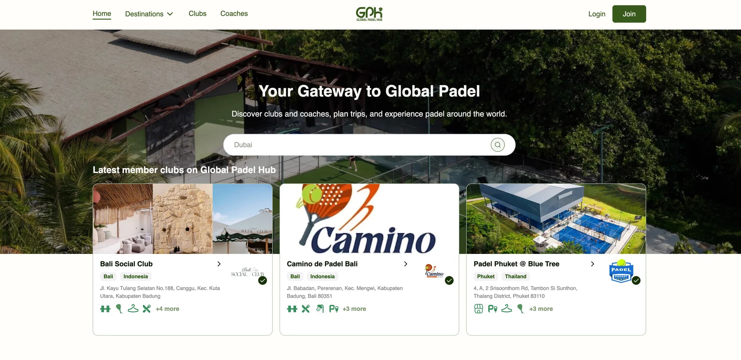Global Padel Hub web app screens
