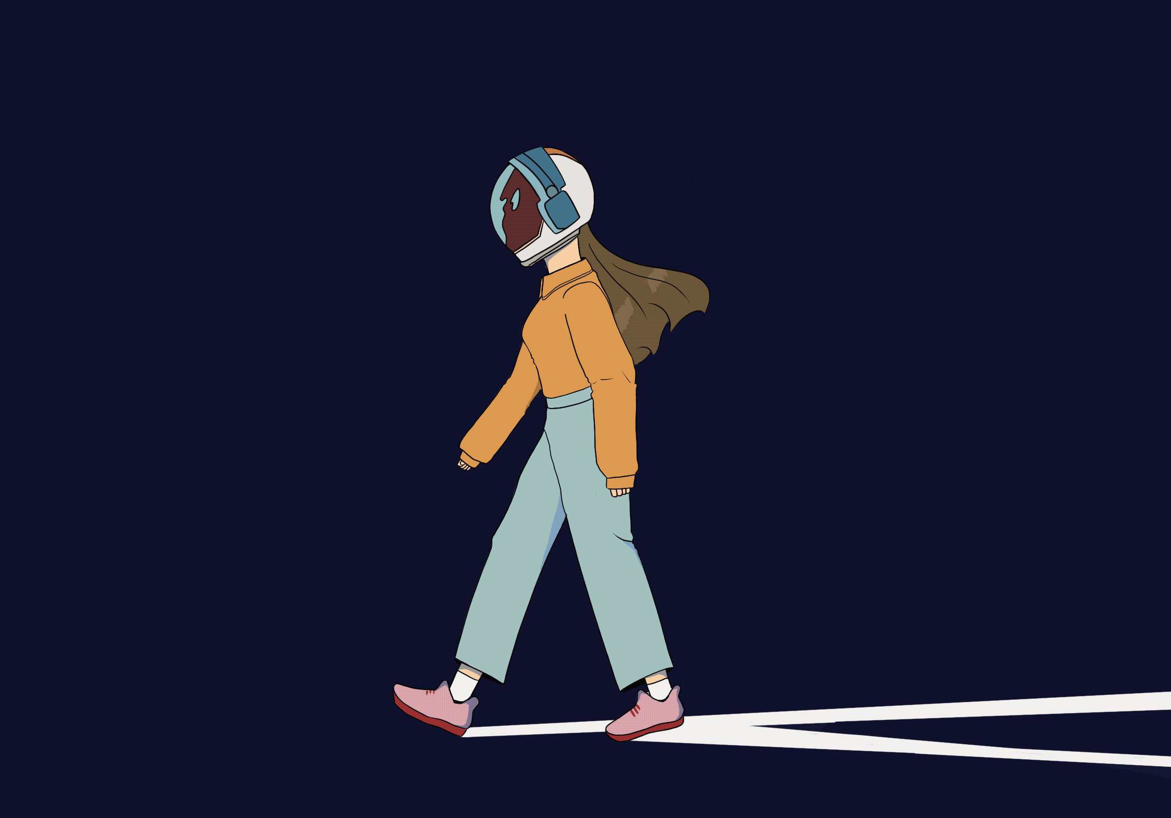 Animated figure in a space helmet walking along a white line